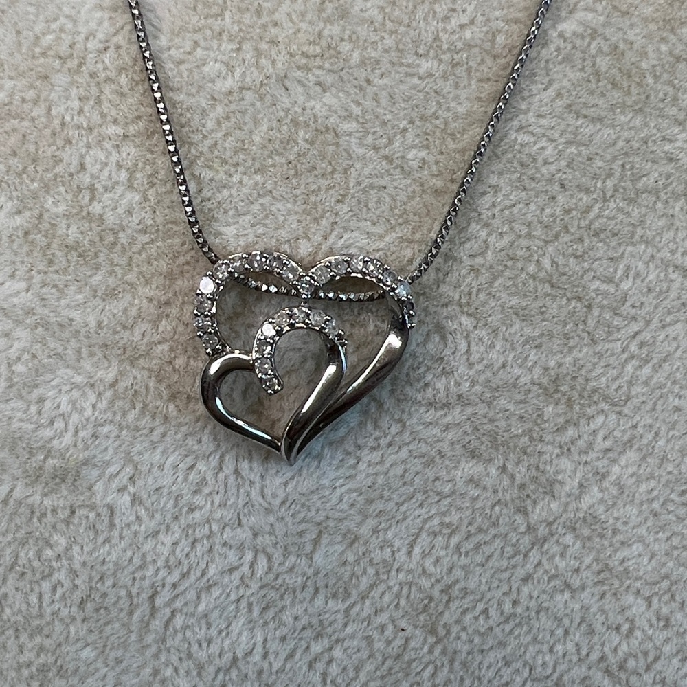 Sterling Silver Double Heart Diamond Necklace 20 inch chain